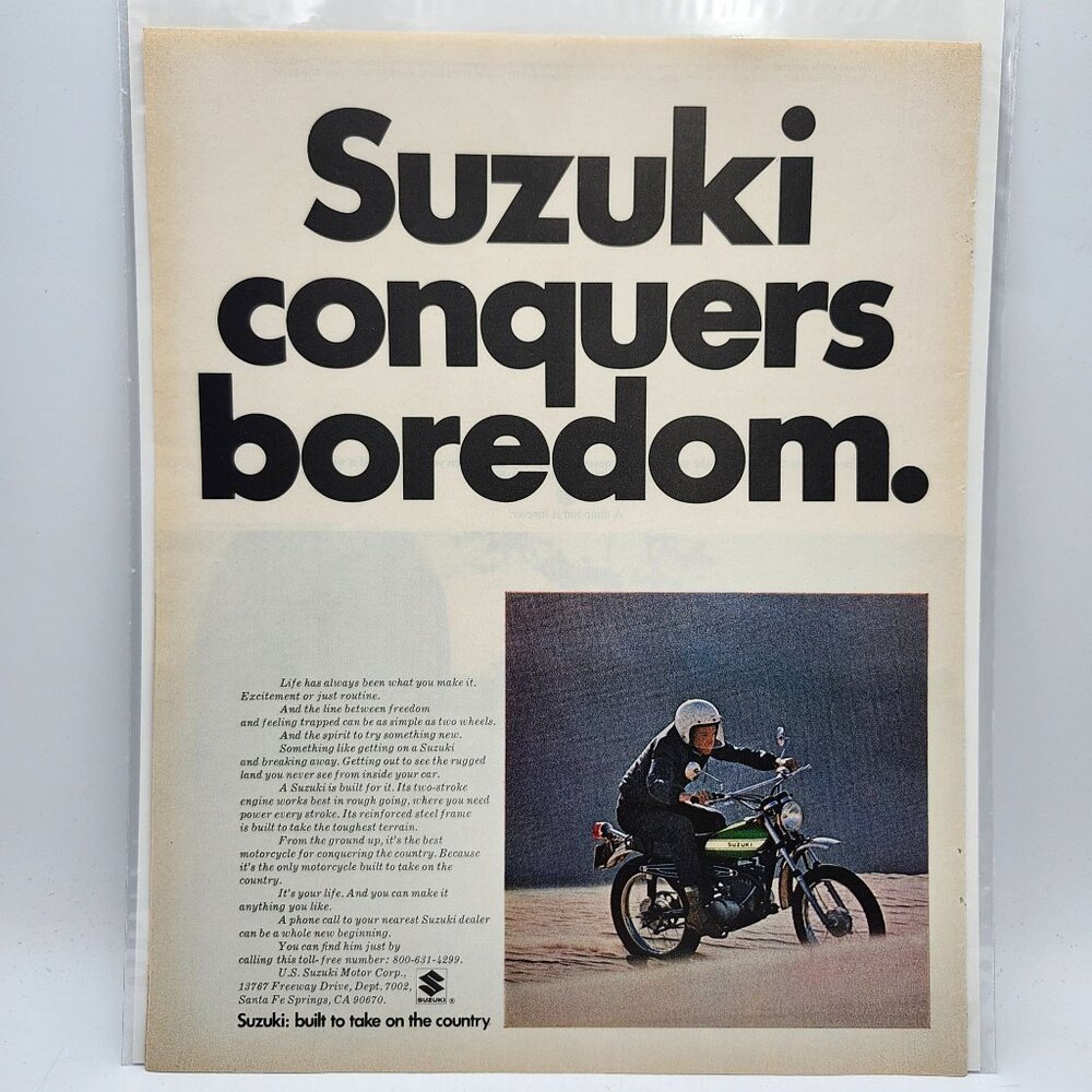 Vtg 1973 Suzuki Conquers Boredom Motorcycle A Diamond Is Forever LIFE Print Ad